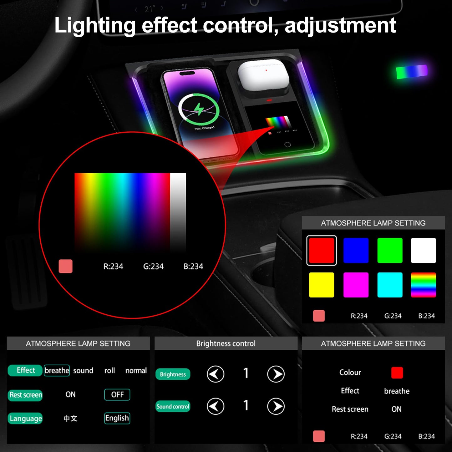 for ModelY/3 Car Interior RGB Neon Ambient Light Support Earphones Wireless Charging, Charge Platform Led Light Bar Left/Right Footwell Lights, Screen Control, Tesla Accessories (Not for 2024 Model3)