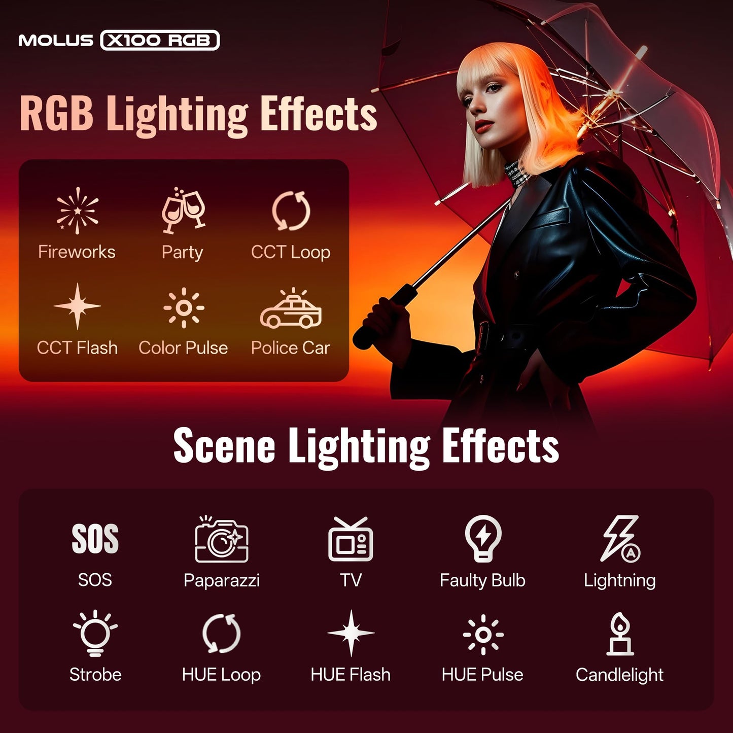 ZHIYUN MOLUS X100 RGB PRO 100W Video Light [Official] V2 Upgraded Version Professional Photography Lighting Portable Continuous Output Lighting 2500K~10000K CRI≥95 TLCI≥97 Only 384g for Youtuber TT