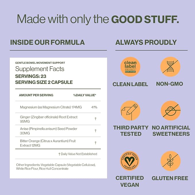 Hilma Gentle Bowel Movement Supplements with Magnesium Citrate, Natural and Gentle Laxatives for Constipation w/Magnesium Citrate, Ginger, Anise and Bitter Orange, 46 Vegan Capsules