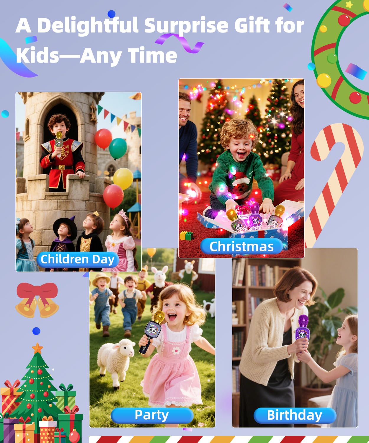 Bluetooth Karaoke Microphone Toy for Kids - Mini Portable Speaker with LED Lights, Wireless Pairing (TWS) for Duet Singing, Christmas Birthday Gift Toys for Boys & Girls Ages 2-12 (black - 1)