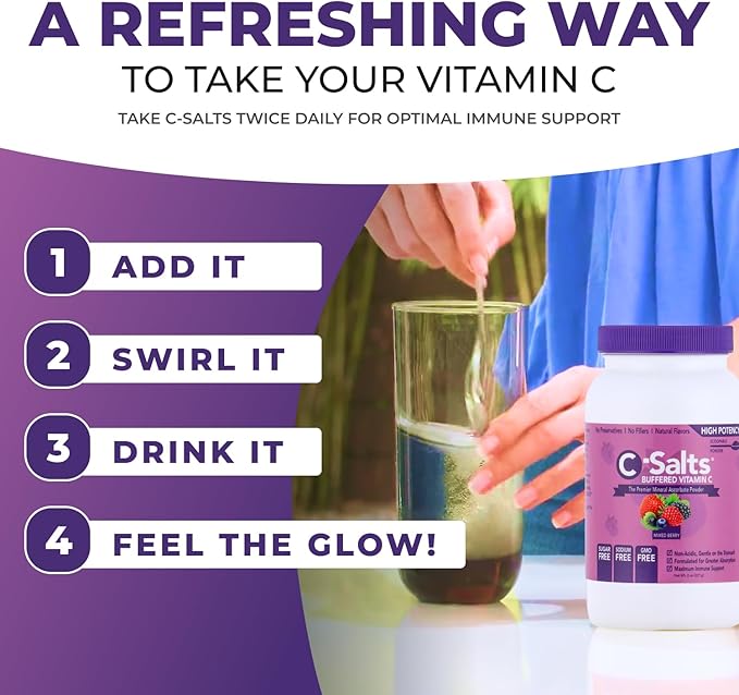 C-Salts Original Vitamin C Powder Supplement - 100% Pure High Dose Buffered Vitamin C Powder for Immune Support - Sugar-Free Powdered Drink Ascorbate, Organic, Stomach-Friendly, Mixed Berry 8oz