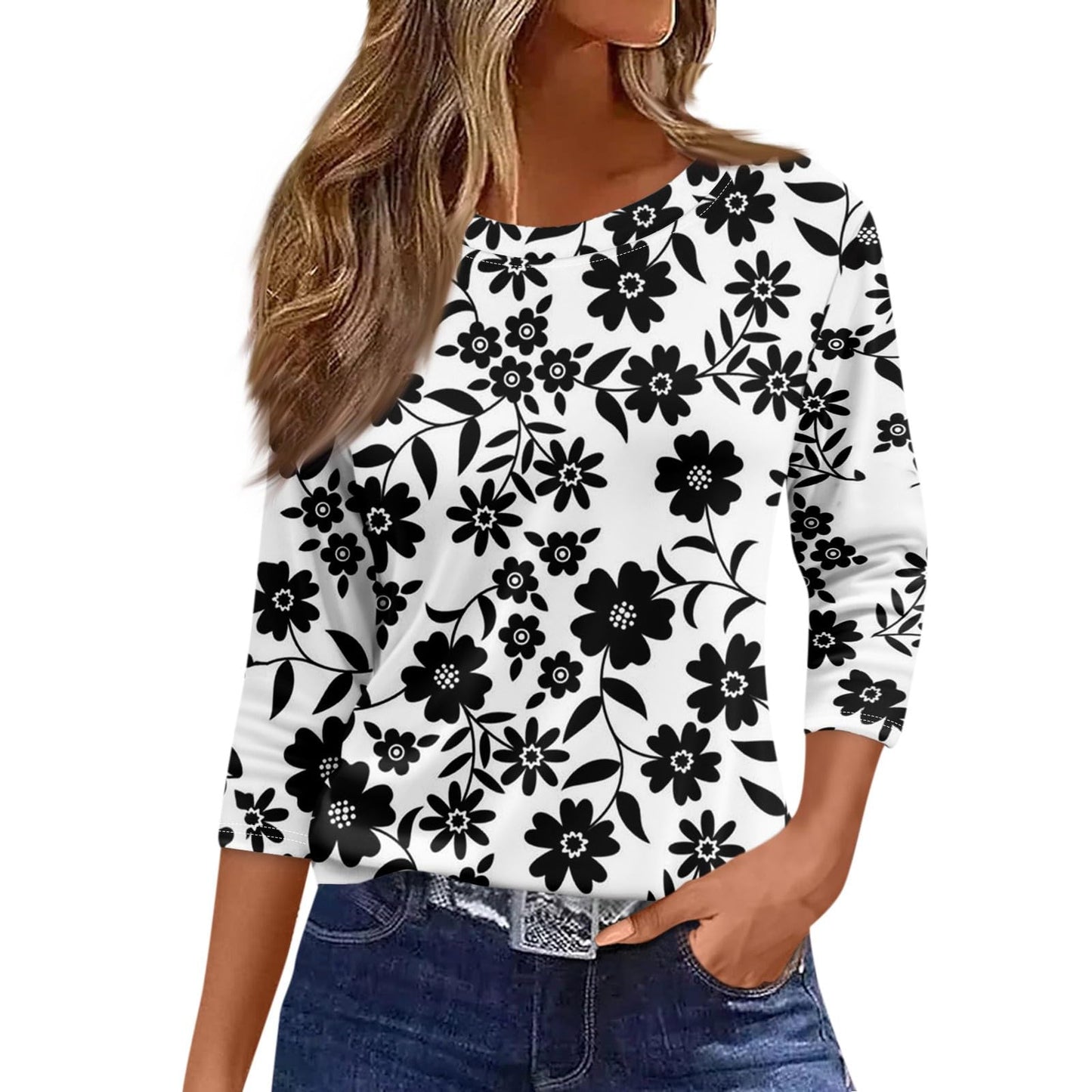 Black Women Shirts 3/4 Sleeve Crewneck Womens Summer Tops Casual Three Quarter Sleeve Tees Tunic Floral Print Summer Blouses M