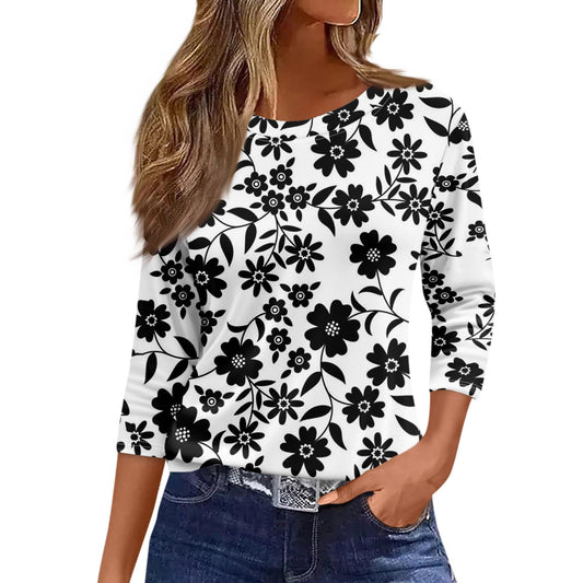 Black Women Shirts 3/4 Sleeve Crewneck Womens Summer Tops Casual Three Quarter Sleeve Tees Tunic Floral Print Summer Blouses M