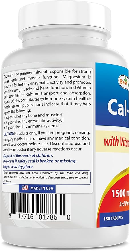 Best Naturals Calcium Magnesium with Vitamin D3 1500mg Serving 180 Tablets (180 Count (Pack of 3))