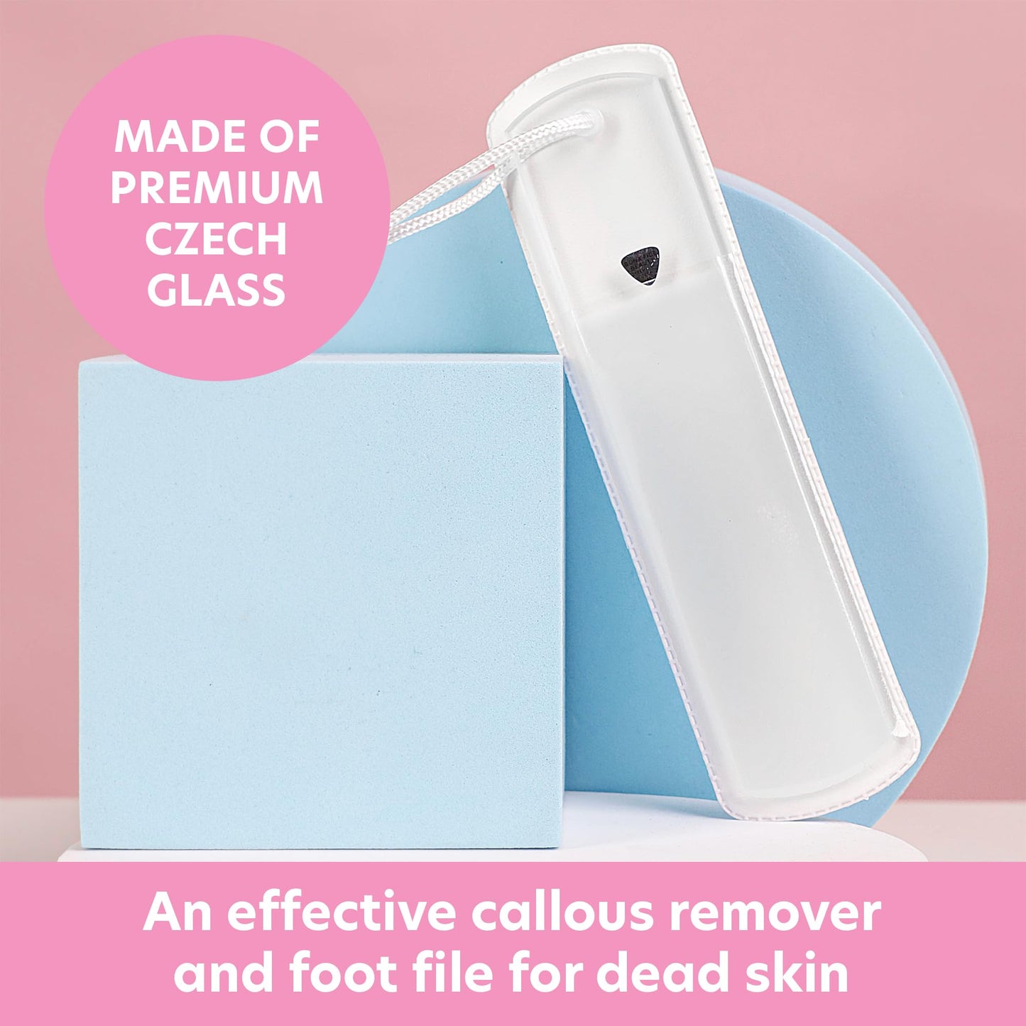 Bona Fide Beauty Czech Glass Foot File with Protective Sleeve, Dual-Sided High Grit Foot Rasp, Foot Scraper with Cord in Clear Color