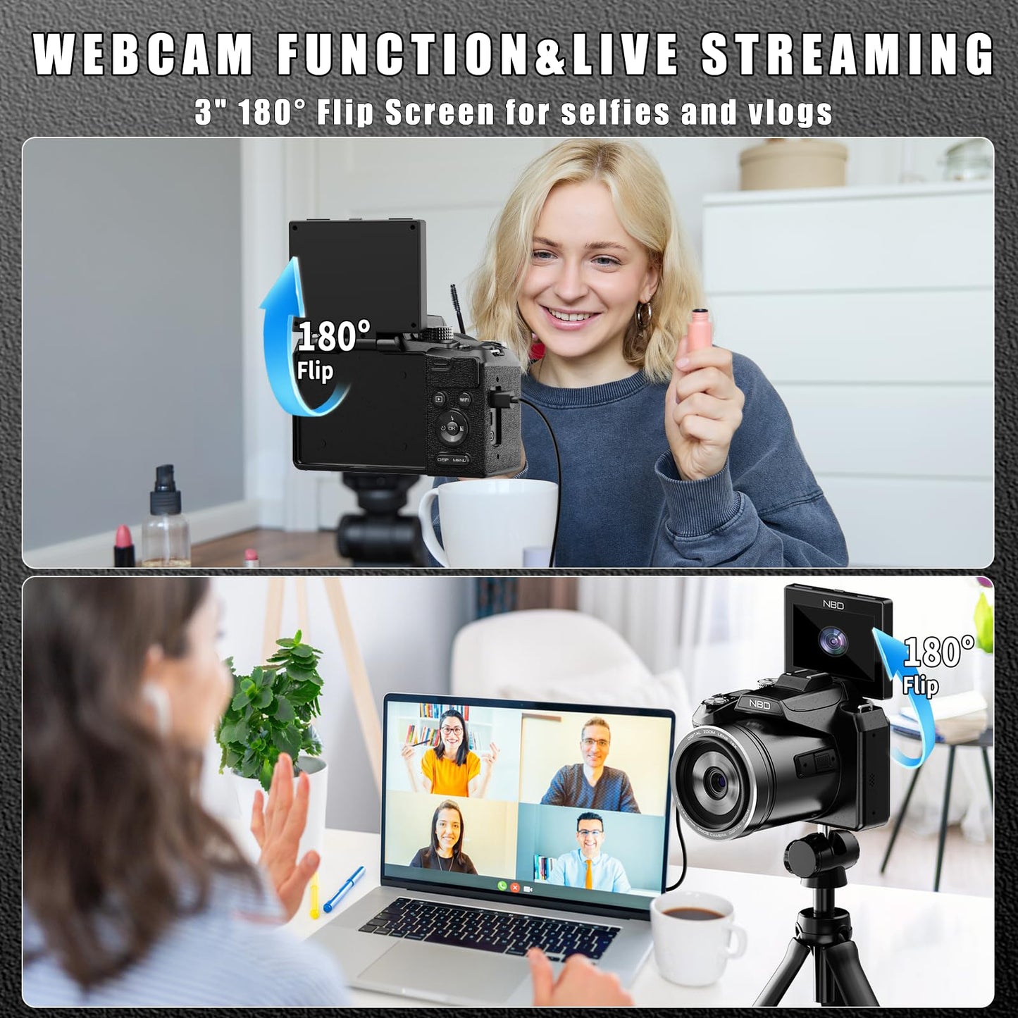 64MP 5K Professional Digital Cameras for Photography, 3” 180° Flip Screen WiFi, Autofocus Vlogging Camera for YouTube Live Streaming, 16X Digital Zoom Anti-Shake with SD Card & 2 Batteries (Black)