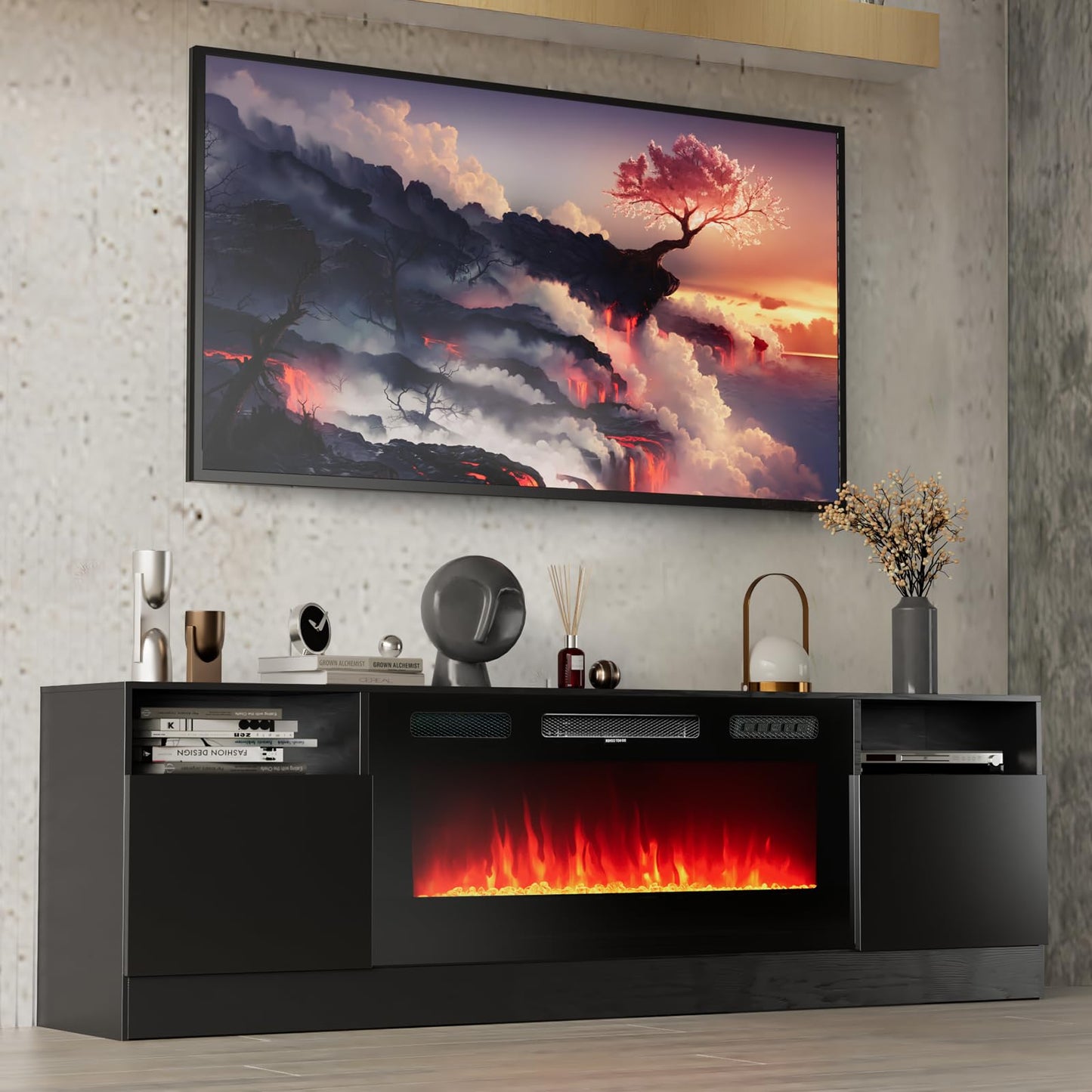 oneinmil Fireplace TV Stand with 36" Electric Fireplace, LED Light Entertainment Center, Modern Wood Texture Entertainment Stand with Highlight Storage Cabinet for TVs Up to 80", 70 inches, Black
