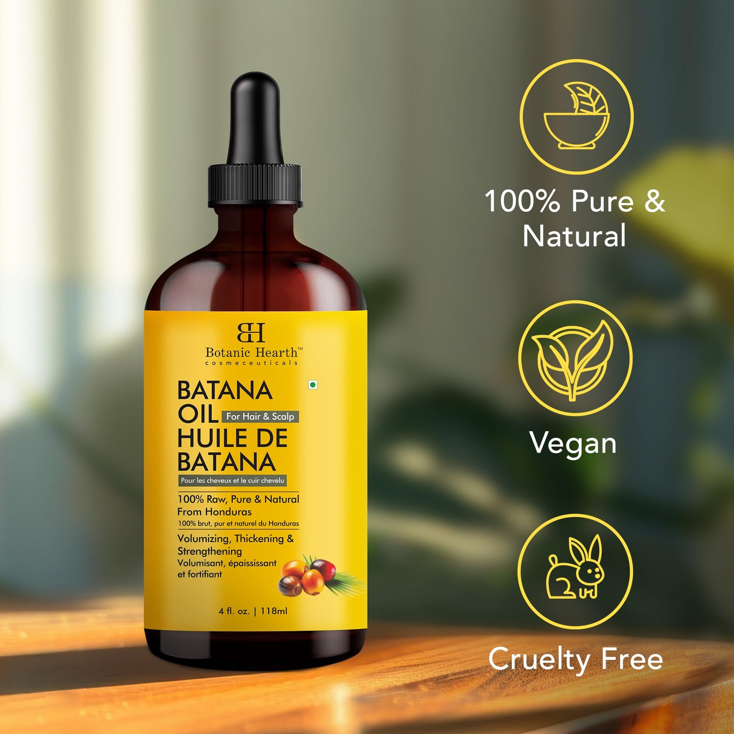 Botanic Hearth Raw Batana Oil for Hair Growth (4 fl oz) | 100% Pure & Unrefined Oil from Honduras | Promotes Thicker, Stronger Hair
