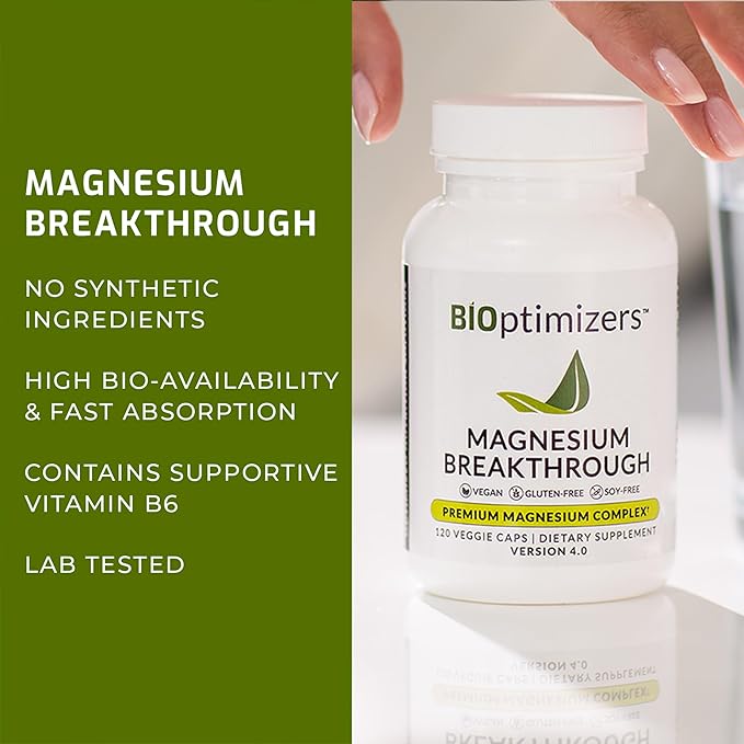 BIOptimizers Magnesium Breakthrough Supplement 4.0 - 7 Forms of Mg: Glycinate, Malate, Citrate, and More - Natural Support for Sleep and Cognitive Function - 60 Capsules- Calming Vitamins Complex