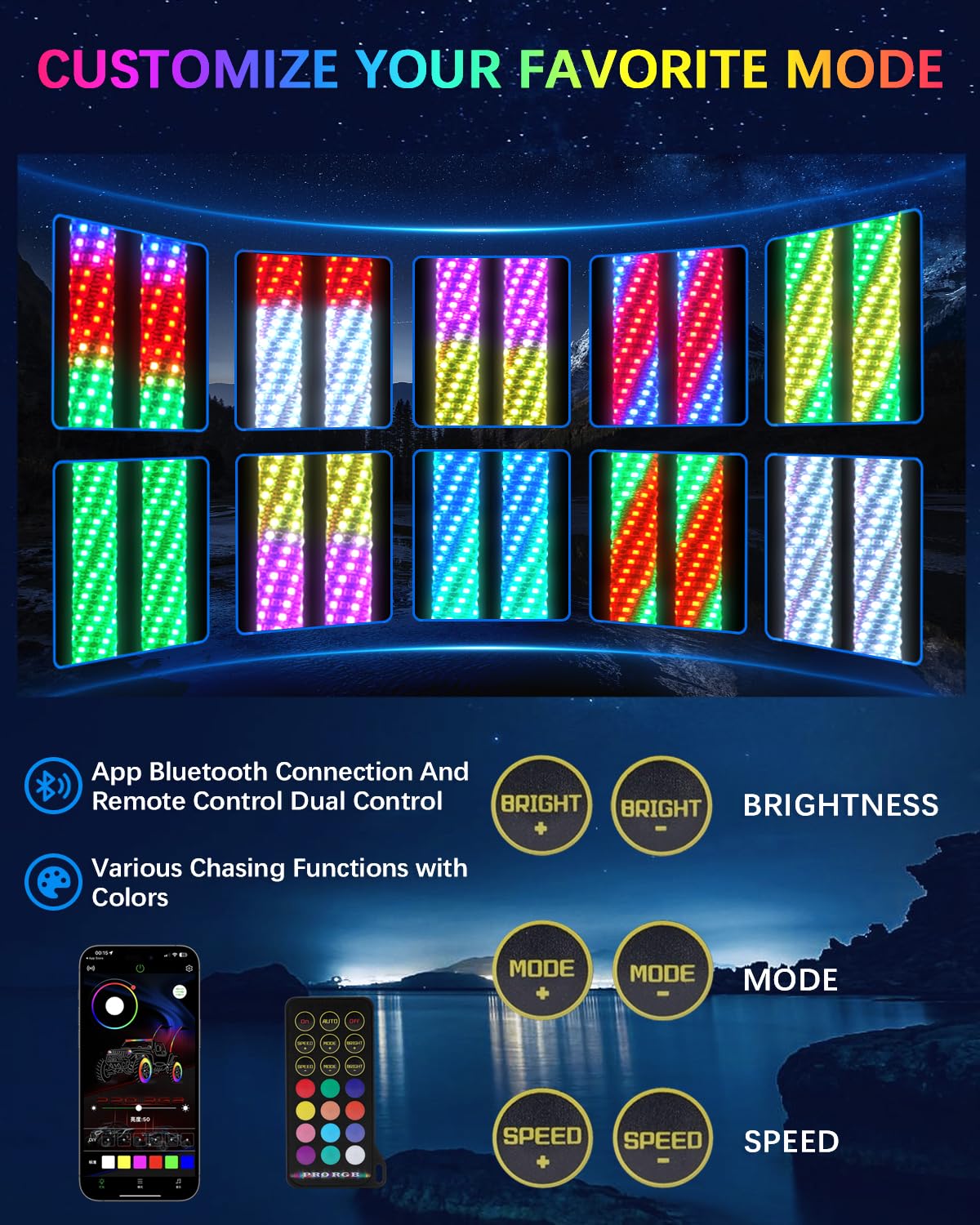 Tavaray 2PCS 3FT Fat Whip Lights – Spiral RGB Chasing Lighted Antenna Whips with Flag, Whip Lights for Side by Side UTV ATV RZR Can-Am X3, with App/Remote Control, Turn Signal & Rocker Switch