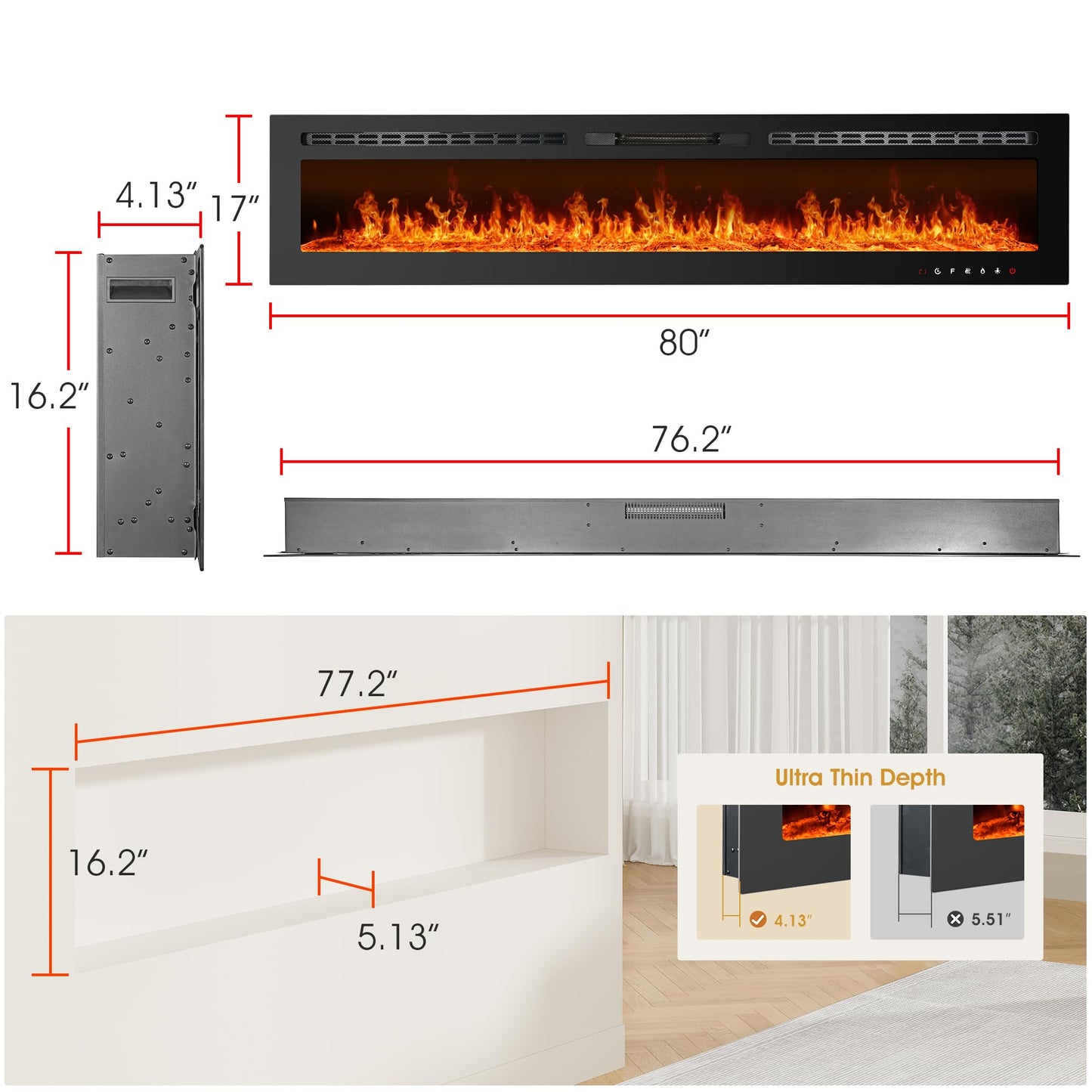 Anpuce 80 inch Ultra-Thin Electric Fireplace Recessed and Wall Mounted with Touch Screen Control Panel/Remote Control- Timer,Realistic 5 Flame - Log & Crystal Hearth Options