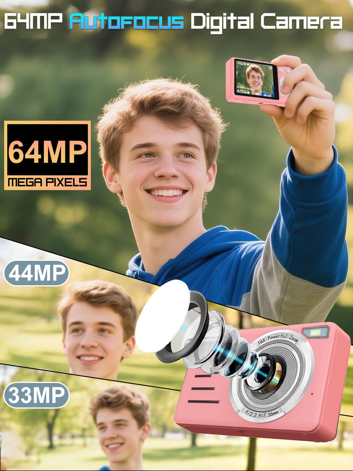 AIRSMIL Digital Camera 4K 64MP 18X Zoom Compact Vlogging Camera with 2.8 inch Screen, 64GB microSD Card 1500mAh Battery HD Digital Video Camera for Boys, Girls, Teens, and Beginners(4K Camera Pink)