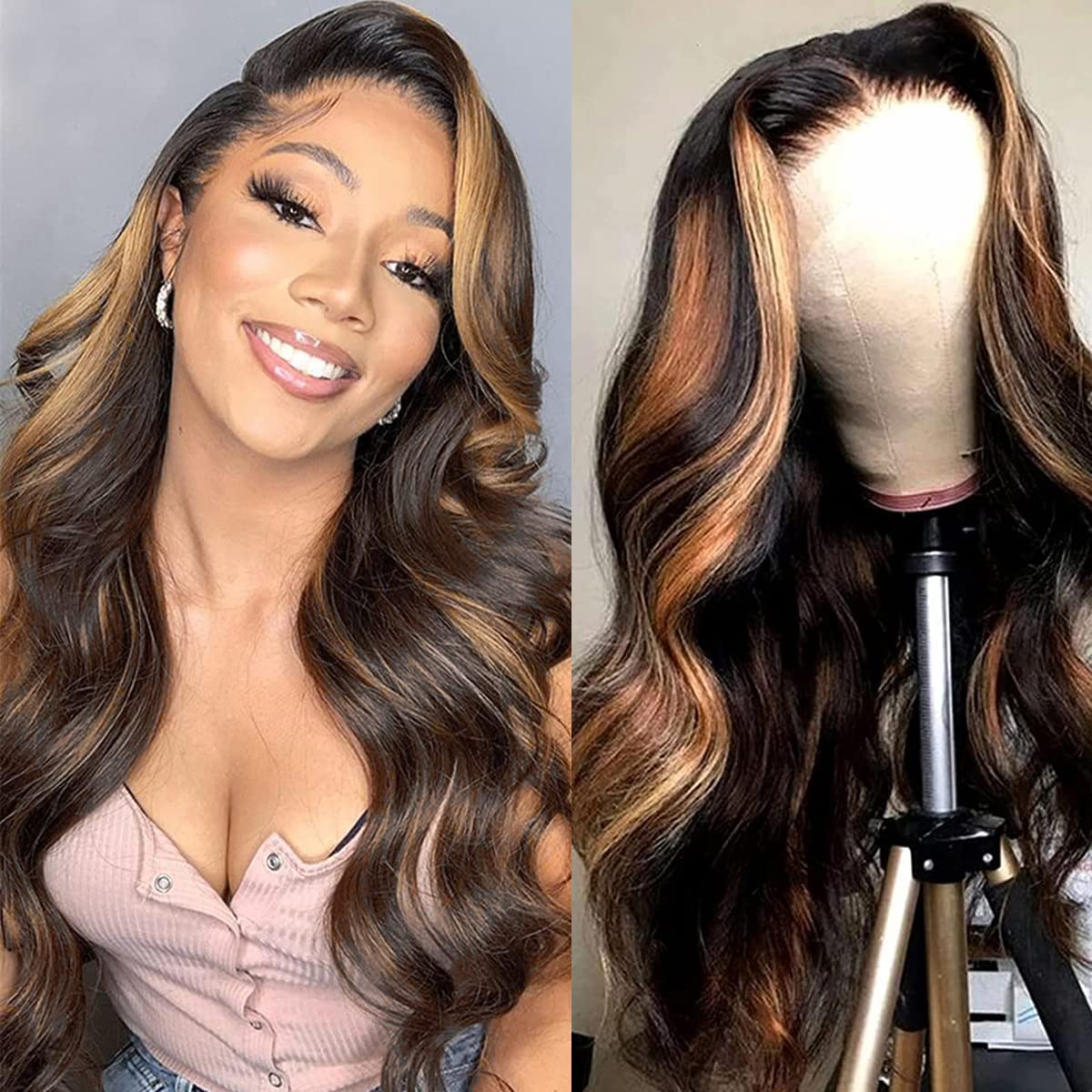 haha Body Wave Ombre Lace Closure Wig Human Hair 1B/30 Brown Highlight Lace Front Wig 4x4 Honey Blonde Highlight Wig Human Hair Glueless Pre Plucked Bleached Knots 150% Density Balayage 14 Inch