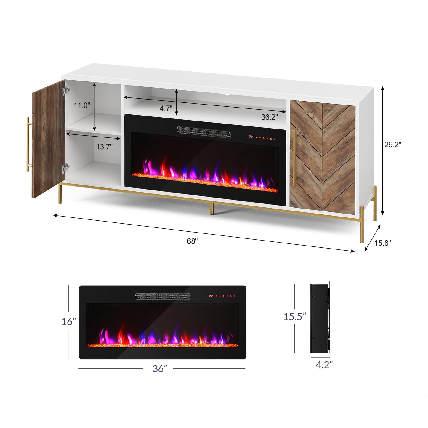 BELLEZE 68" Wood TV Stand with 36" Electric Fireplace, Entertainment Center with Storage Cabinet, Console Table for TVs up to 75 Inches, for Living Room, Bedroom - Harper (White Ebony)