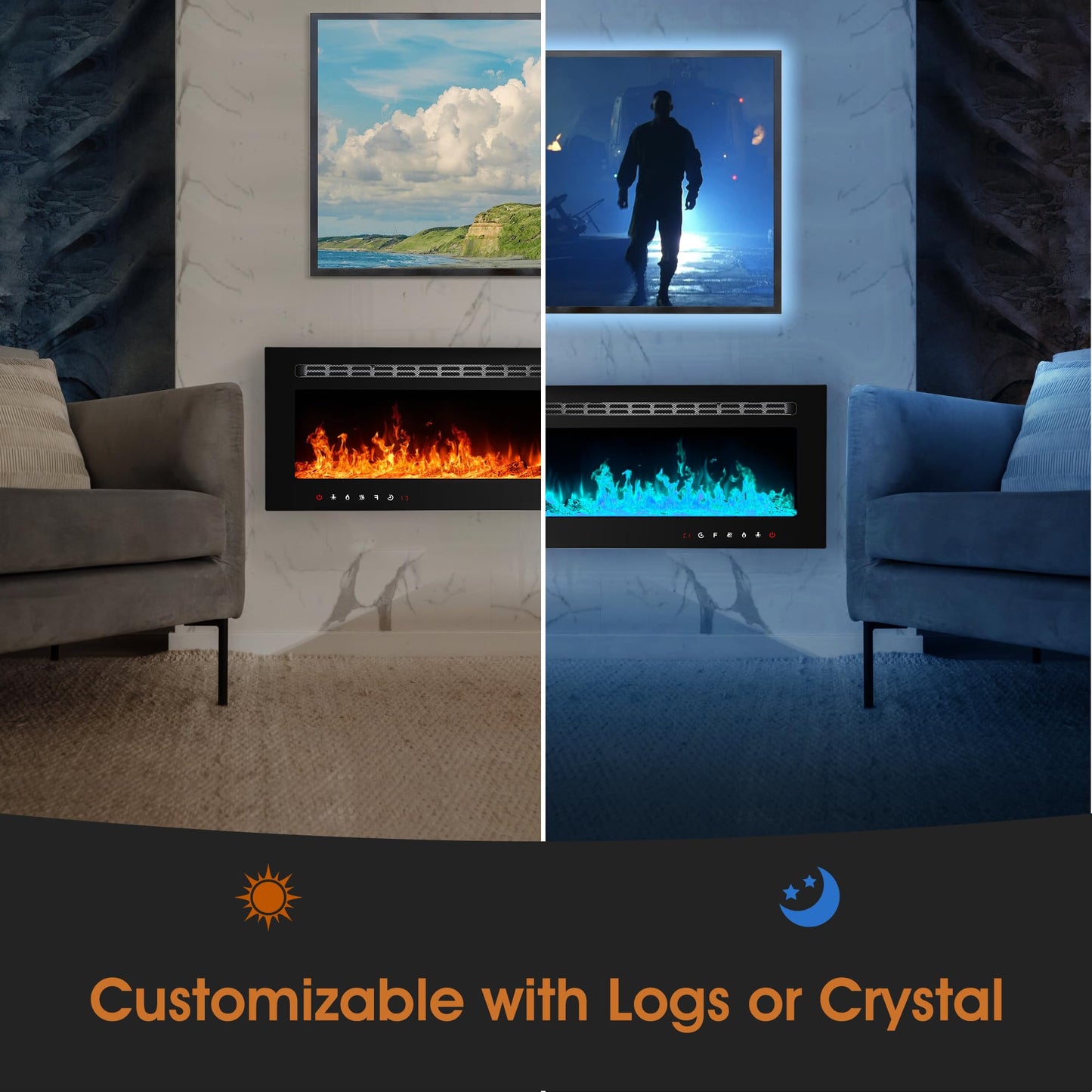 Anpuce 80 inch Ultra-Thin Electric Fireplace Recessed and Wall Mounted with Touch Screen Control Panel/Remote Control- Timer,Realistic 5 Flame - Log & Crystal Hearth Options