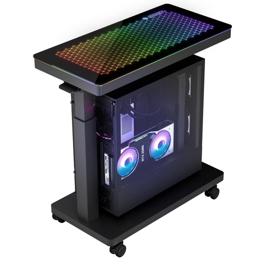 EUREKA ERGONOMIC Height Adjustable Computer Tower Stand, Illuminated Glass Panel PC Stand w/RGB Lights, 2-Tier CPU Holder Cart Under Desk, PC Floor Stand for Office Gaming, APP Control