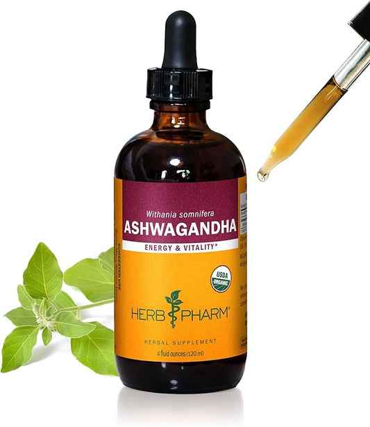 Herb Pharm Certified Organic Ashwagandha Extract for Energy and Vitality, Organic Cane Alcohol, 4 Ounce
