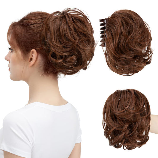 youngways Claw Clip Short Ponytail Messy Bun Hair Piece Bendable Hair Branch Extensions Fluffy Wavy Curly Synthetic Versatile Red Vino Hairpieces