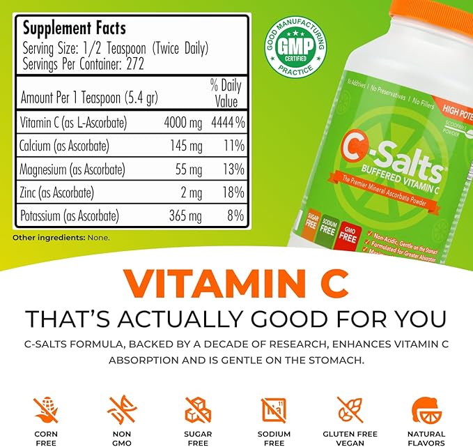 C-Salts Original Vitamin C Powder Supplement - 100% Pure High Dose Buffered Vitamin C Powder for Immune Support - Sugar-Free Powdered Drink Ascorbate, Organic, Stomach-Friendly, Original 26oz