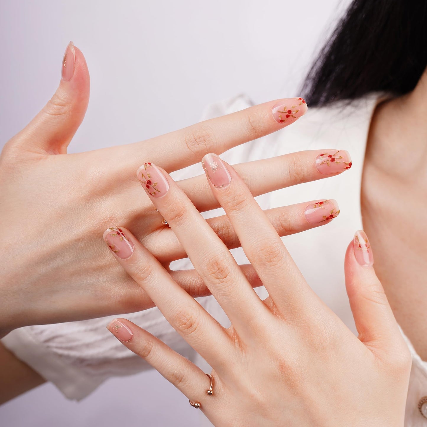 DANNI & TONI Semi Cured Gel Nail Strips Rose Hip (Blossom) Golden Butterfly Gel Nail Wraps UV Led Nails 28 Stickers Gift for Women