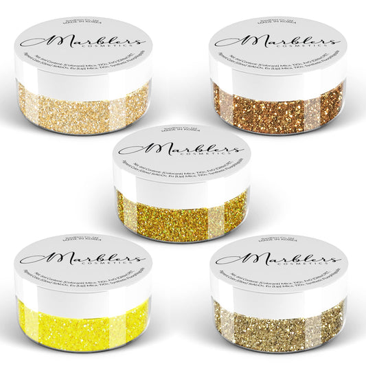 MARBLERS Cosmetic Grade Fine Glitter 5-Pack [Gold Feeling] 0.90oz (25g) | Non-Toxic | Vegan | Cruelty-Free | Eyeshadow, Nail Polish, Nail Art | Festival, Rave & Party Makeup | Body & Face