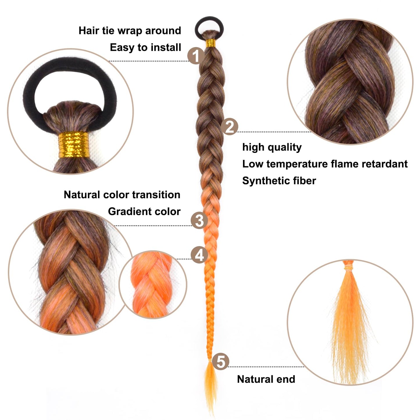 Braided Ponytail Extension, Ponytail Hair Extensions for Women With Hair Tie,for Kids Girls Women Highlight Party, Orange gradient Halloween Wig Synthetic Hair Pieces 26 Inch (Black/Pink/Orange#)