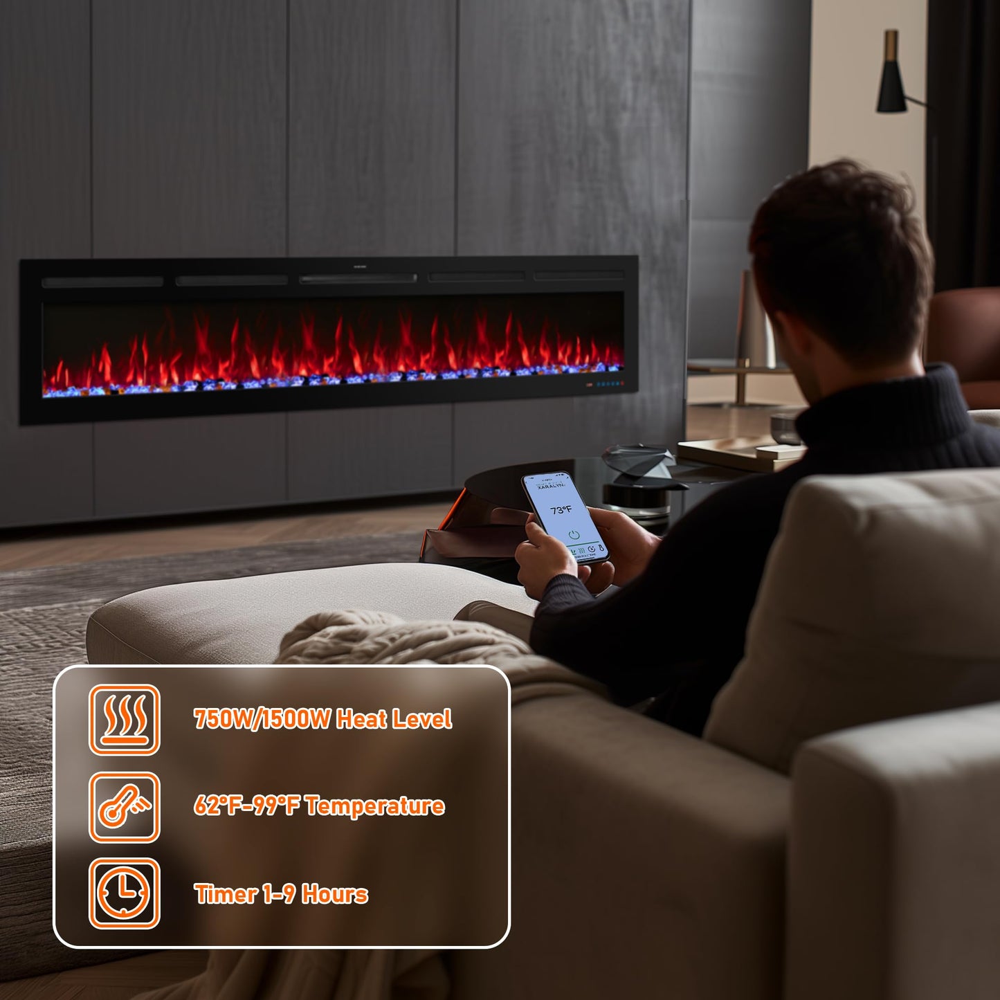 Velaychimney 48" Smart WiFi Electric Fireplace Insert, 13 Flame & Fuel Bed with Automatic Cycle, Fireplace Heater with APP Control & Thermostat, Timer, Recessed and Wall Mounted