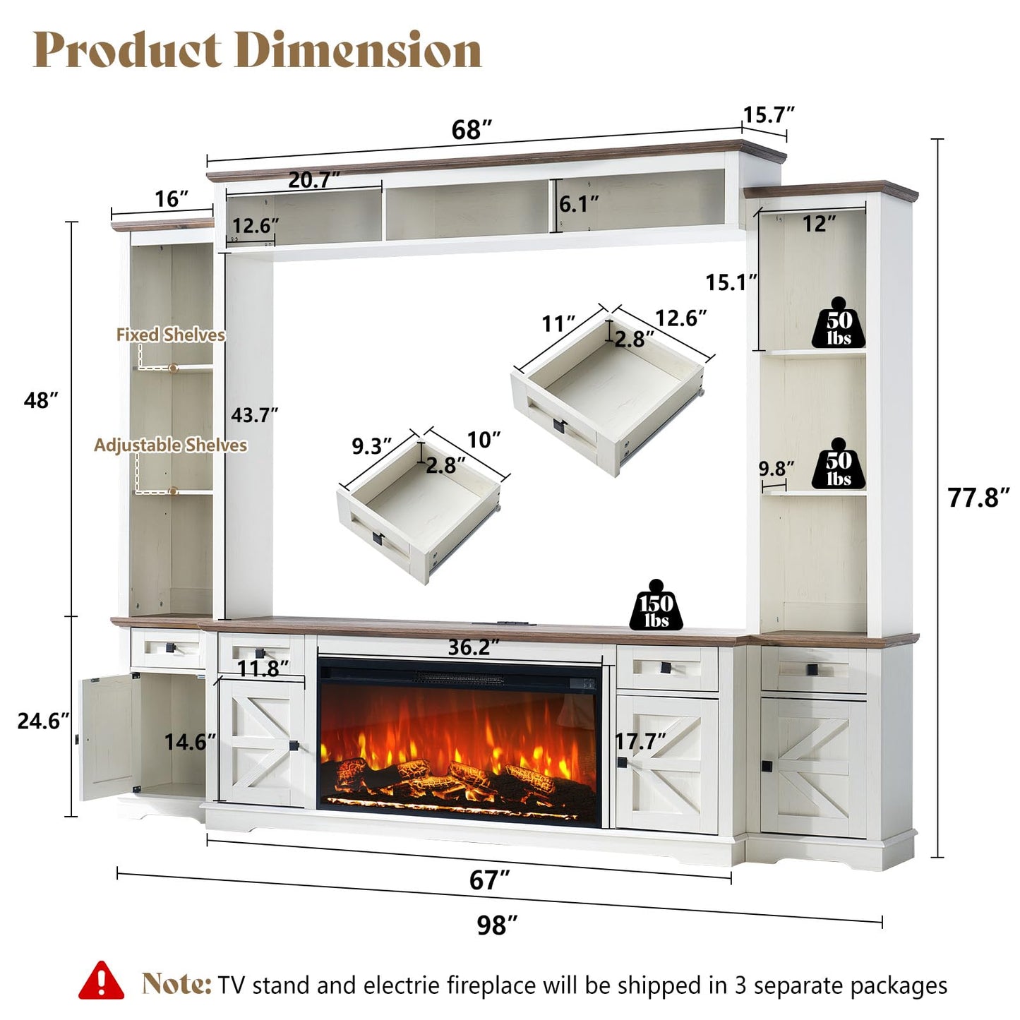 AMERLIFE 98in Farmhouse Entertainment Center with 36" Fireplace, TV Stand, Bookshelf, Wine Cabinet, Fits 78" TVs, Wall Unit Media Console with Power Outlets & Barn Doors, Living Room, Off-White