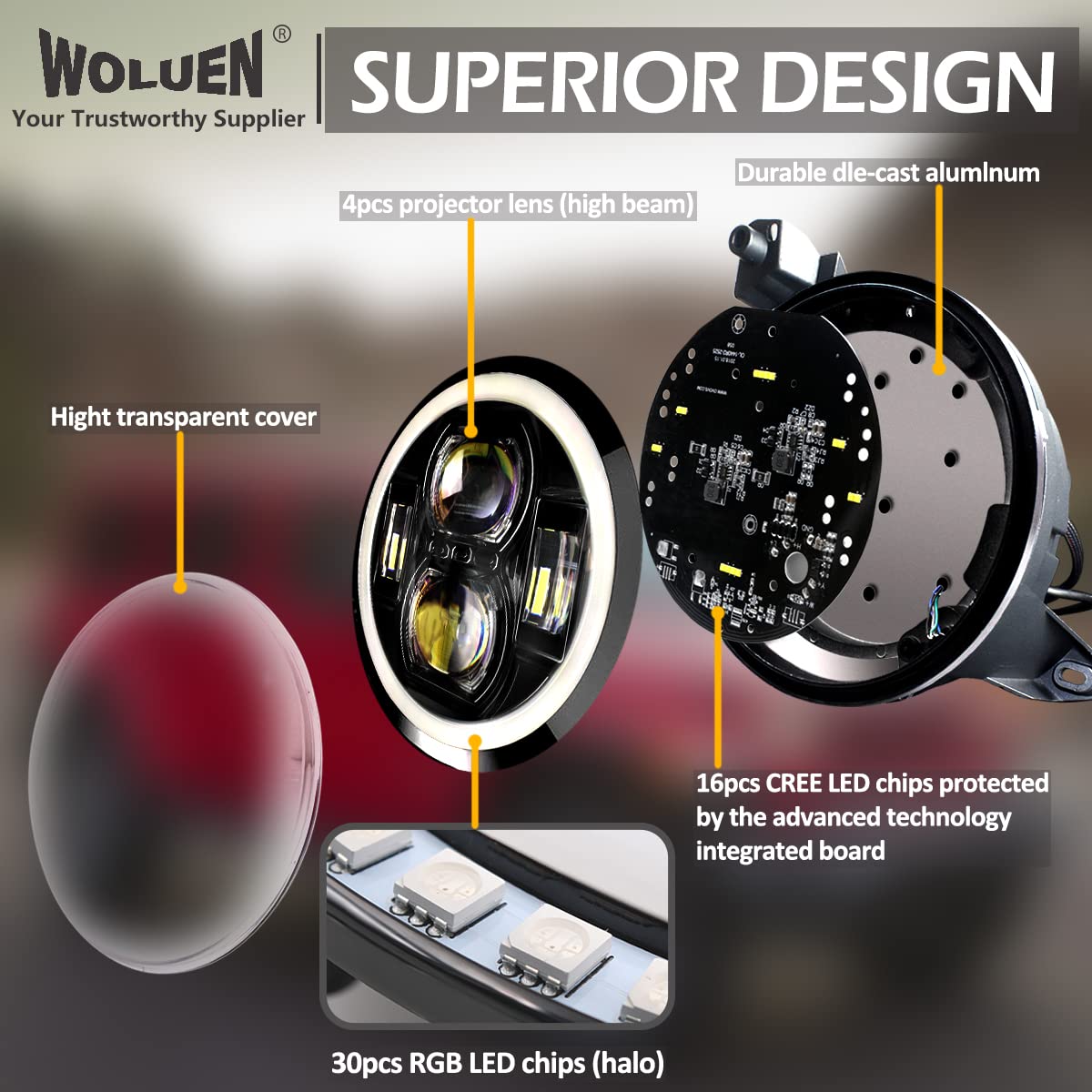 WOLUEN For Je ep JL RGBW Halo Headlights and Fog Lights Combo - Super Bright 9 Inch LED RGB Halo Headlights, 4 inch RGB Fogs For 2018-2023+ Wrangler JL Sahara Rubicon 2020-2023+ Gladiator JT