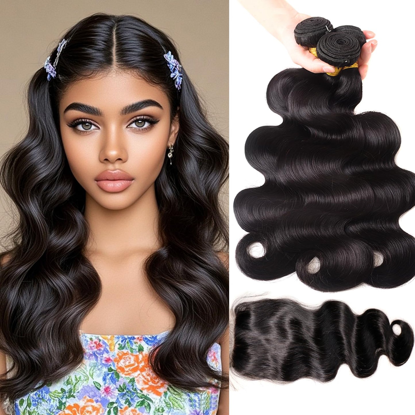 Human Hair Bundles with Closure - Body Wave Bundles with Closure Human Hair 3 Bundles with Closure 12 14 16+10, 100% Unprocessed 12A Brazilian Virgin Hair Bundles with 4x4 Lace Closure Free Part