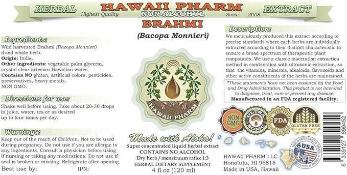 Brahmi Alcohol-Free Liquid Extract, Organic Brahmi Liquid (Bacopa Monnieri) Whole Herb Dried Glycerite Hawaii Pharm Natural Herbal Supplement 2x2 oz