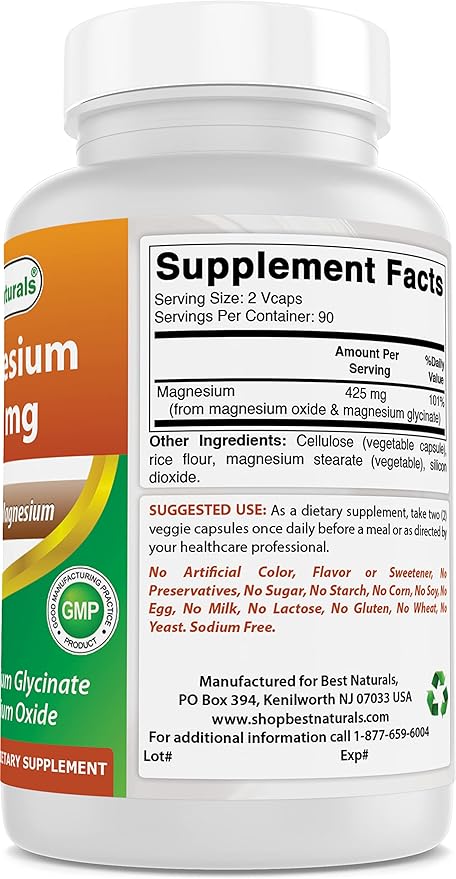 Best Naturals Magnesium 425 mg 180 Veggie Capsules - High Absorption Magnesium Glycinate & Magnesium Oxide Chelated, Non-GMO, Gluten Free Muscle Relax (180 Count (Pack of 2))
