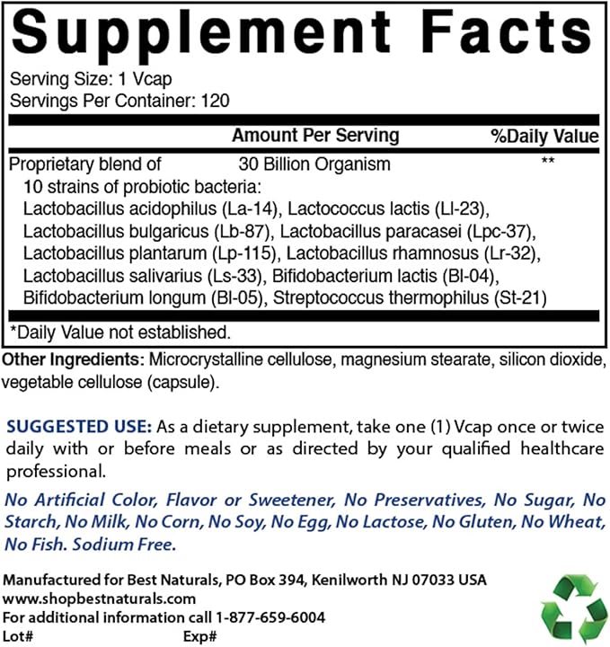 Best Naturals Probiotic 10 Strains 30 Billion Shelf Stable 120 Veggie Caps (120 Count (Pack of 3))