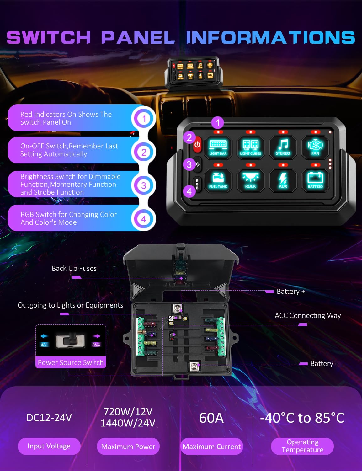 Chelhead Wireless Switch Panel 12V 8 Gang Remote Control Range 165FT RGB Waterproof Multifunction Toggle Momentary Strobe Circuit Control Relay System Box for Off Road Truck SUV UTV RV