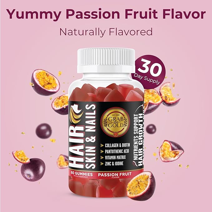 Grab The Gold Hair Skin & Nails Gummies Vitamins with 6000mcg Biotin + Collagen + 10 Vitamins & Minerals, Gluten-Free, Passion Fruit Flavor (1 Bottle = 1 Month Supply)