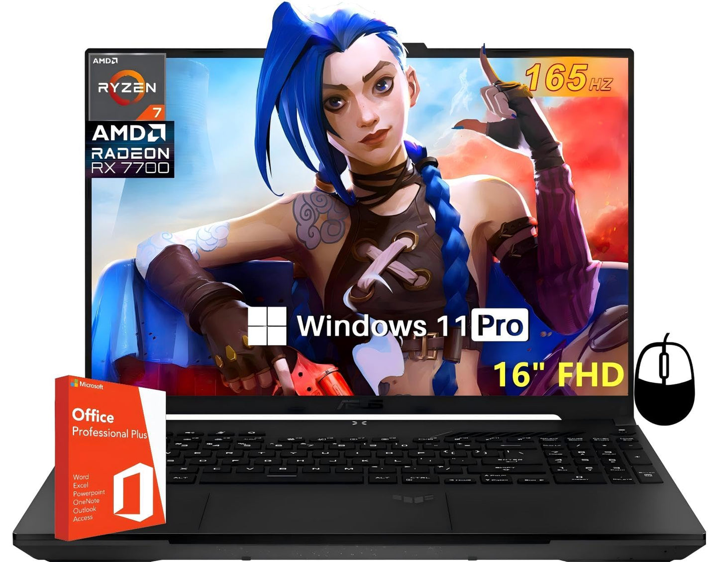 ASUS TUF A16 Gaming Laptop with Lifetime MS Office Pro, AMD Ryzen 7 7735 HS (Up to 4.75 GHz), Radeon RX7700S, 16" FHD 165 Hz, 64 GB DDR5, 1 TB SSD, RGB Backlit KB, Wi-Fi 6, Win 11 Pro, w/Accessories