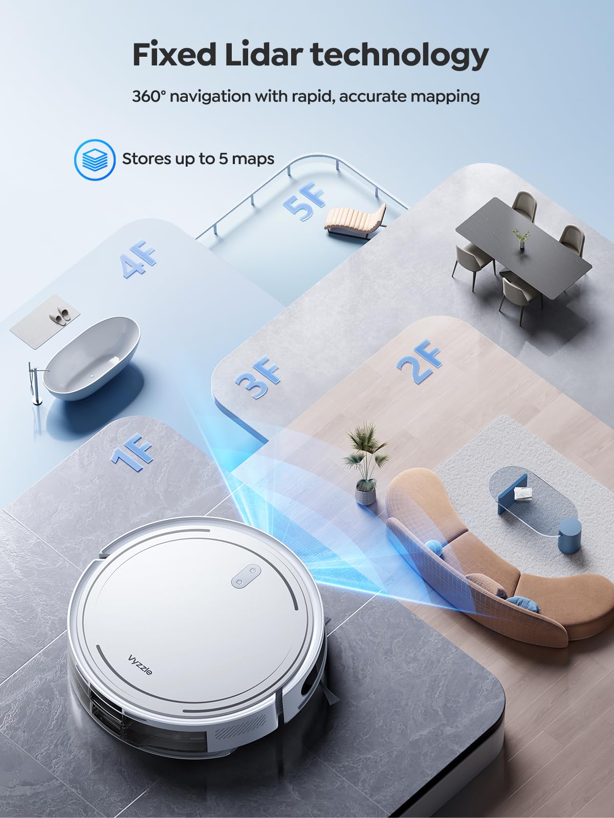 Vyzzle Robot Vacuum, 5000Pa Robot Vacuum and Mop, Smart Navigation, Ultra Slim Robot Vacuum Cleaner Self-Charging, Wi-Fi/App/Alexa Control, Ideal for Pet Hair, Hard Floor, Carpet