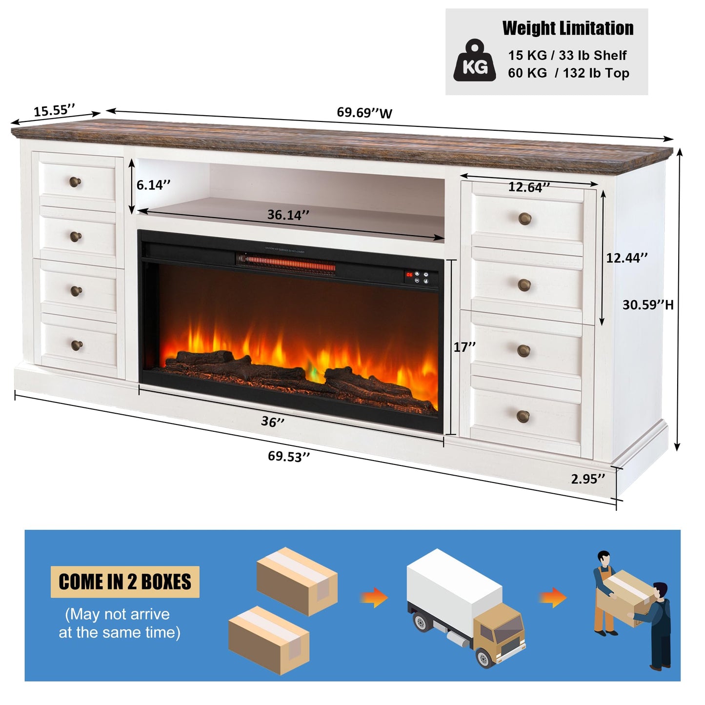 Unineo 70'' Fireplace TV Stand for up to 80'' Tvs with Drawer, Large Storage Tv Console Cabinet w/ 36'' Electric Fireplace, Media Entertainment Center for Living Room/Bedroom, White