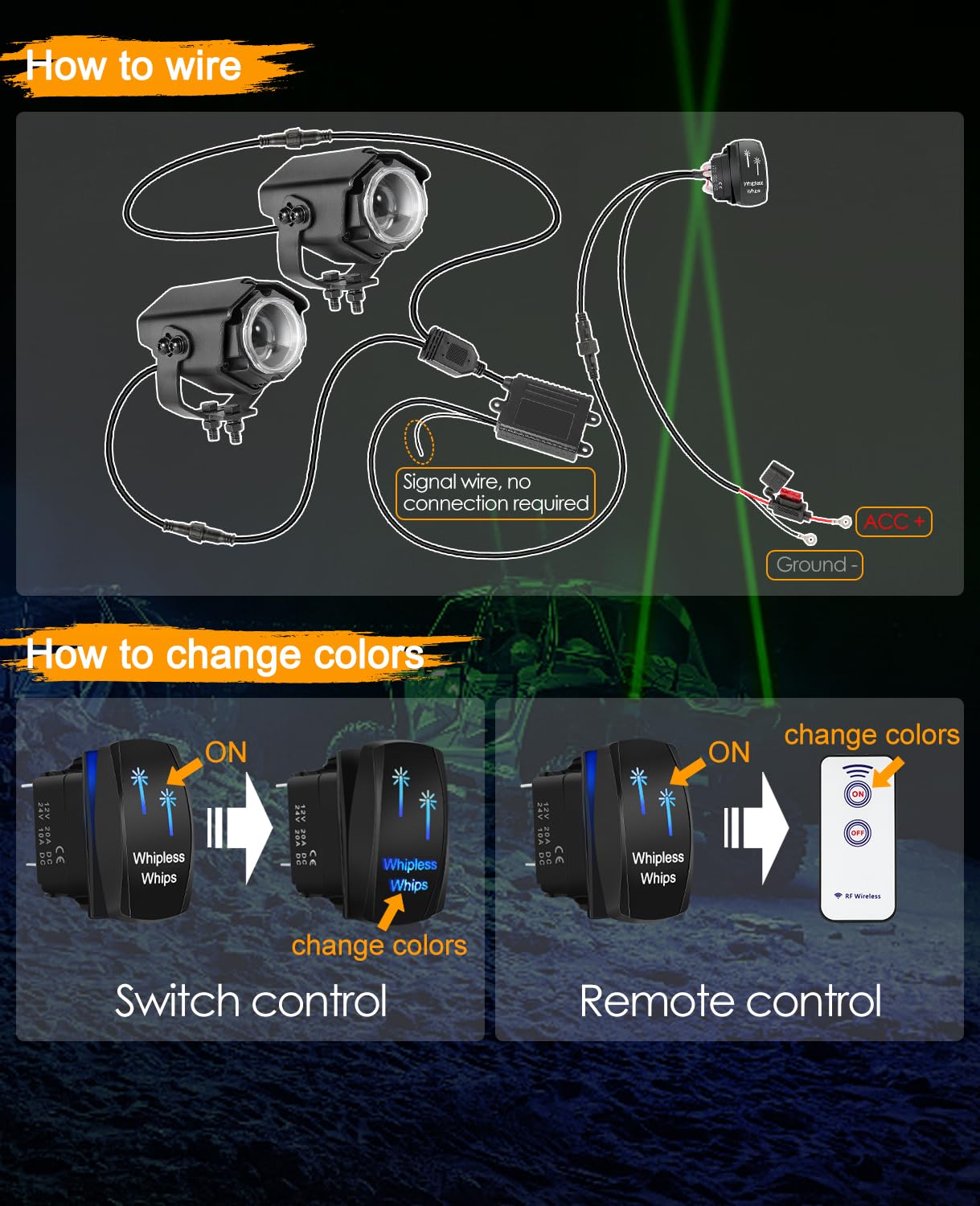 Nirider Whipless Whip Lights with Switch & Remote Whipless Pods RGB Chase Light Antenna LED Light Whips for SXS, UTV, ATV, RZR, Can Am, Dune Buggy, Truck, Boat - 2PCS Red Green Blue White