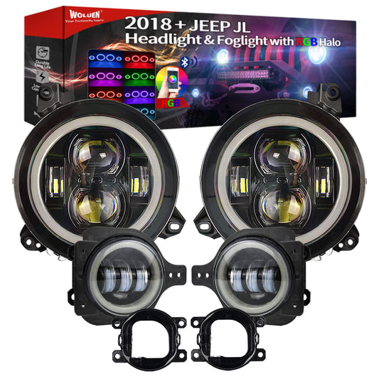 WOLUEN For Je ep JL RGBW Halo Headlights and Fog Lights Combo - Super Bright 9 Inch LED RGB Halo Headlights, 4 inch RGB Fogs For 2018-2023+ Wrangler JL Sahara Rubicon 2020-2023+ Gladiator JT