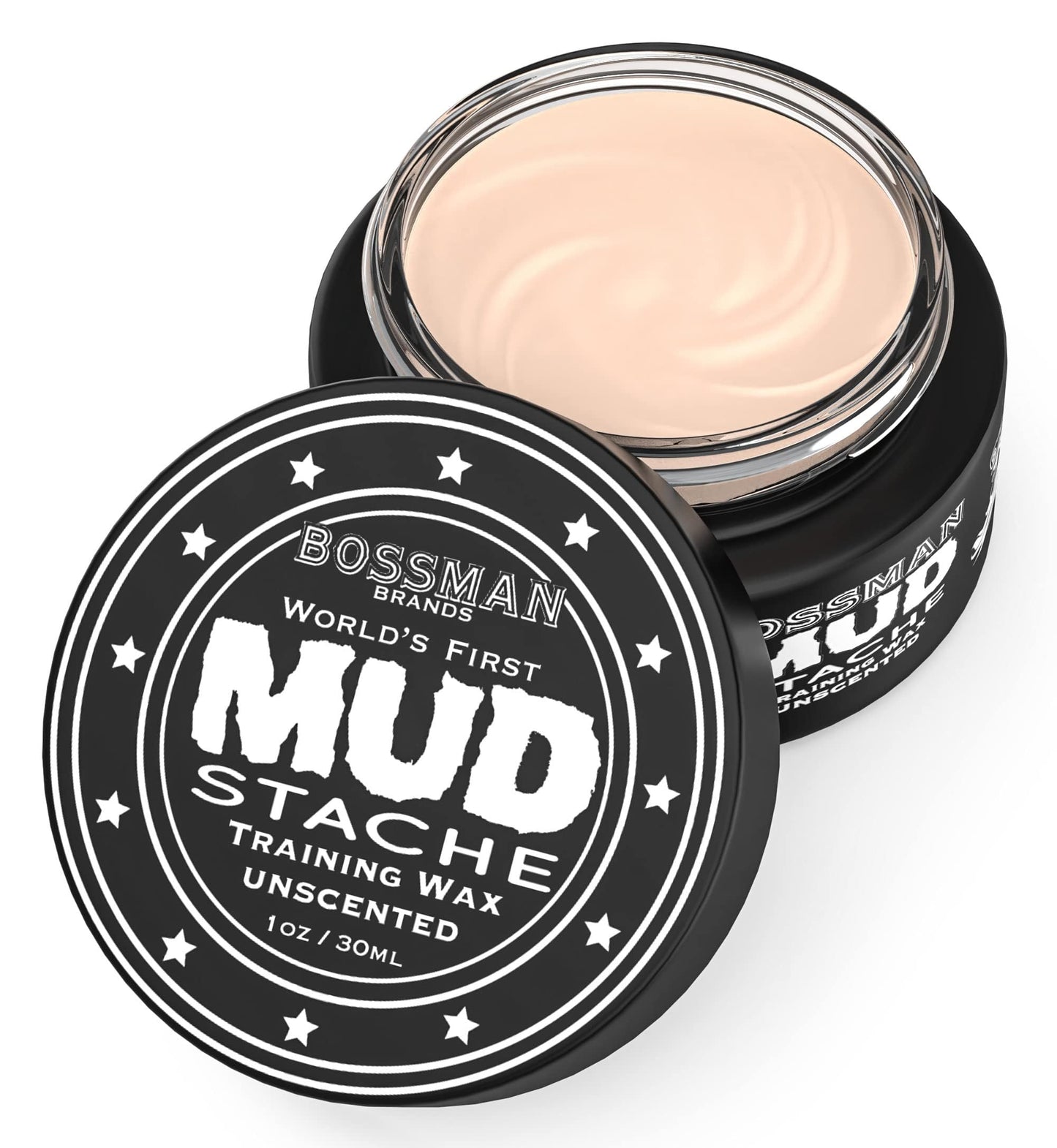 Bossman MUDstache Unscented Mustache Wax for Men (1 oz) – Strong 24-Hour Hold, Non-Tacky & Easy to Apply for Taming & Styling