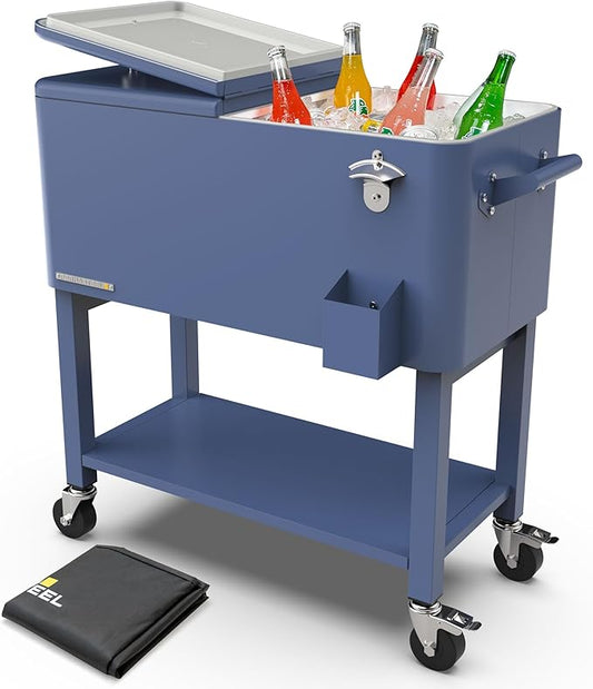 Permasteel Party Cooler with Removable Basin, Spacious 80-Qt Capacity, Rolling Ice Chest for Indoor and Outdoor Entertainment Azure + Bonus Cover