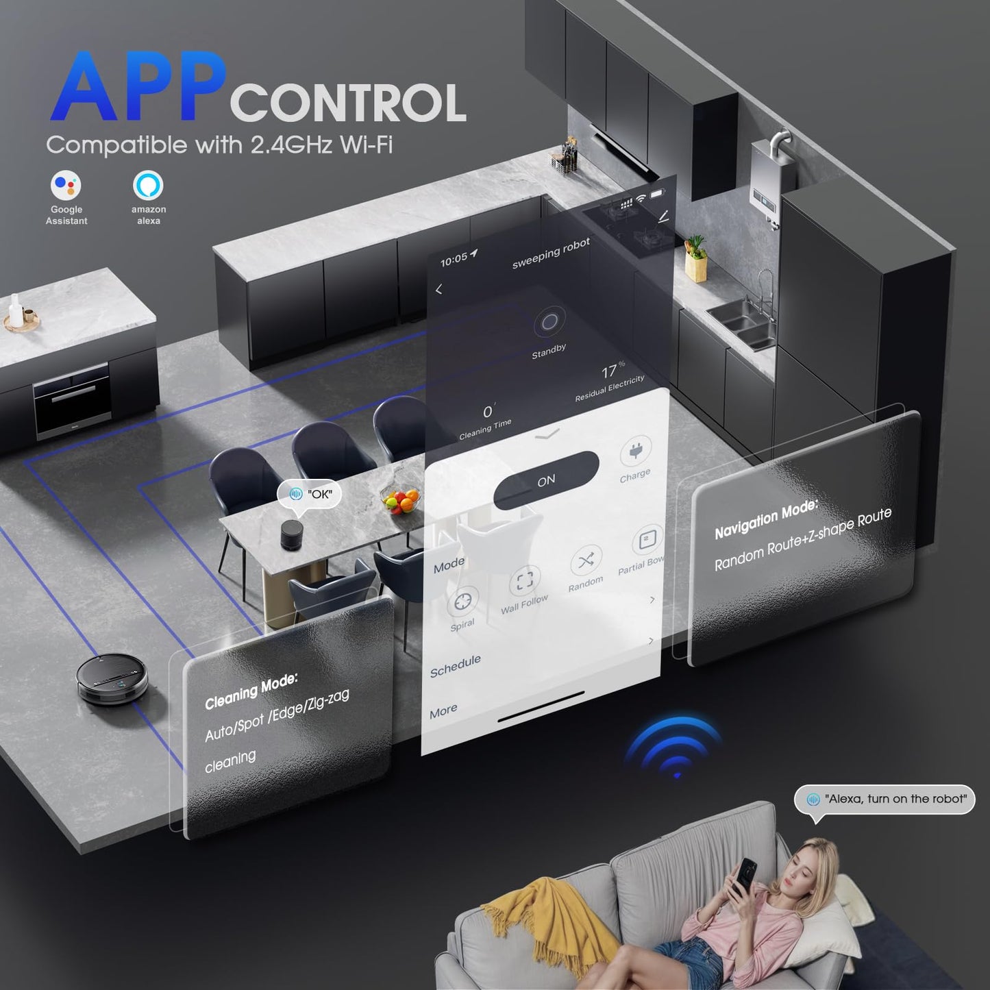 Robot Vacuum and Mop, 2-in-1 Robotic Vacuums Cleaner with Smart Max Strong Suction, WiFi/App/Alexa Voice Control, Obstacle Avoidance, for Pet Hair, Carpets and More