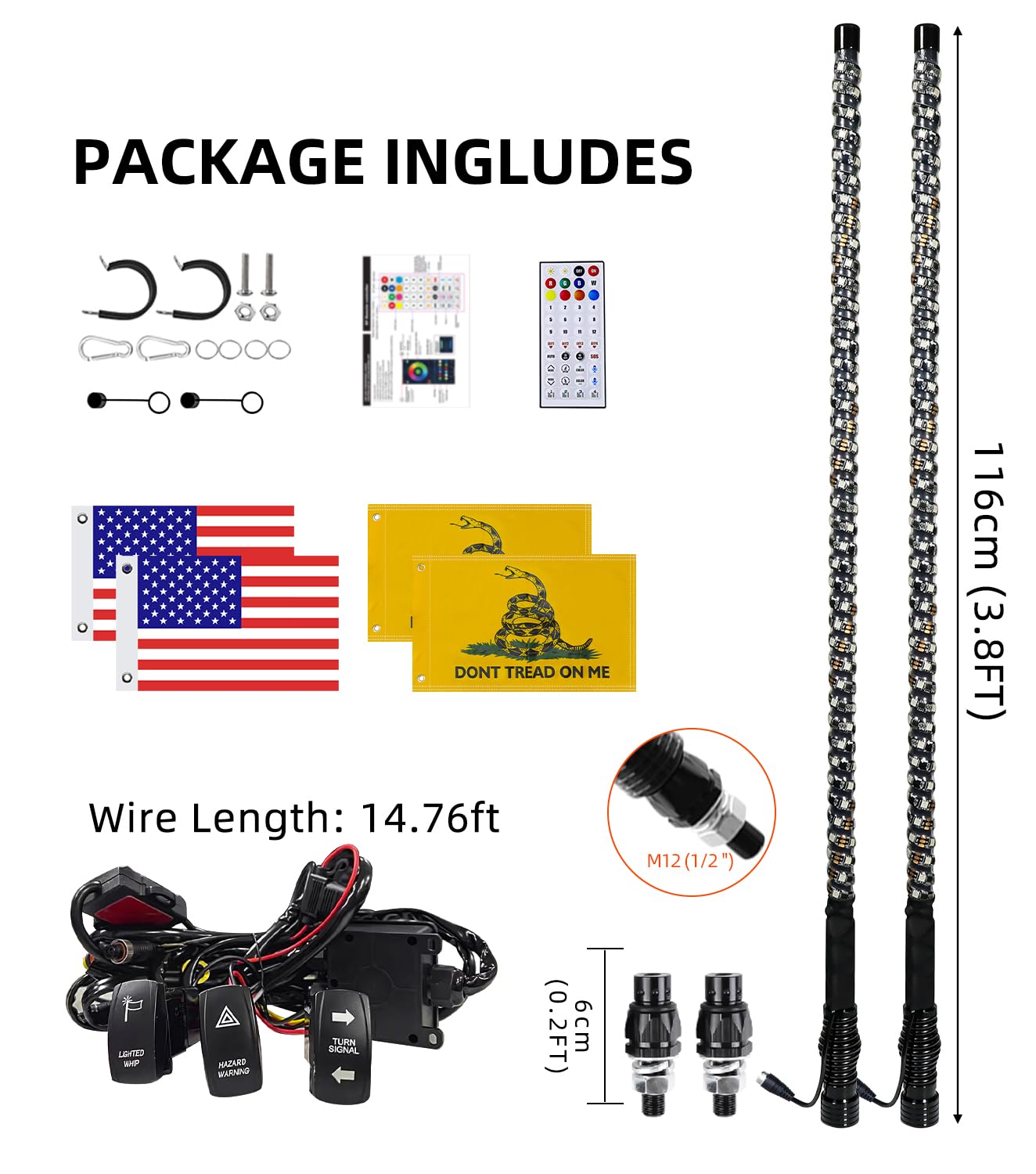 ZIMABLUE 2PC 4FT Whip Lights for Side by Side, App & Remote Control RGB Chasing Lighted Whips with 3 Switchs for ATV UTV Dune Buggy Truck,LED Whips Compatible with Polaris RZR Can-Am Maverick X3