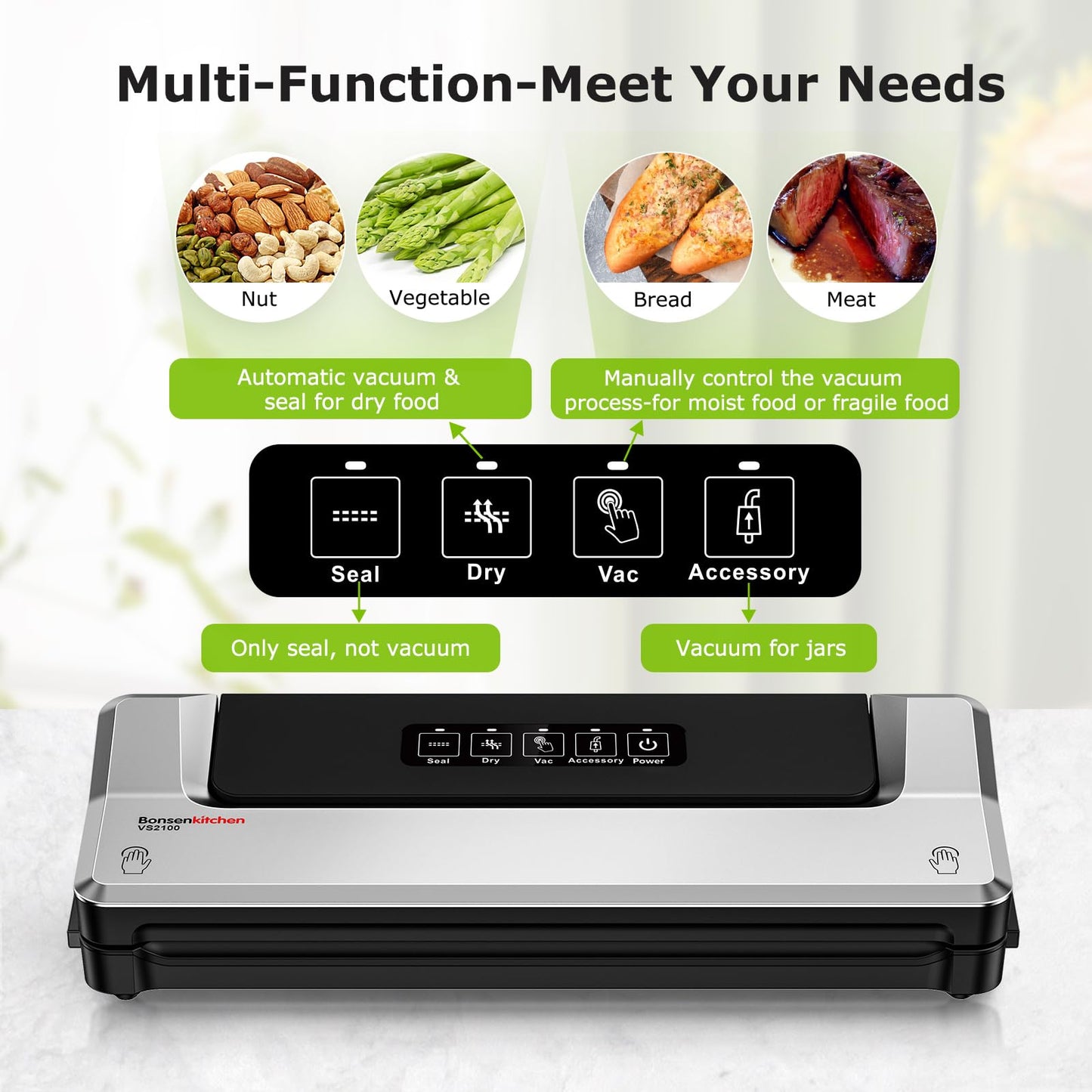 Bonsenkitchen Vacuum Sealer Machine, Fast-Compact Food Sealer, Globefish Technology for High-Speed Continuous Working, Multi-Functional Food Vacuum Sealer with 20 Vacuum Bags & 2 Roll Bags, Silver