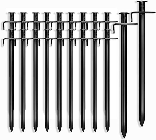 Cheardia 20 Pack Tent Stakes Heavy Duty, 10 Inch Outdoor Camping Pegs Stakes Black Metal Ground Stakes Spikes for Tent Tarp Canopy Unbreakable and Inflexible