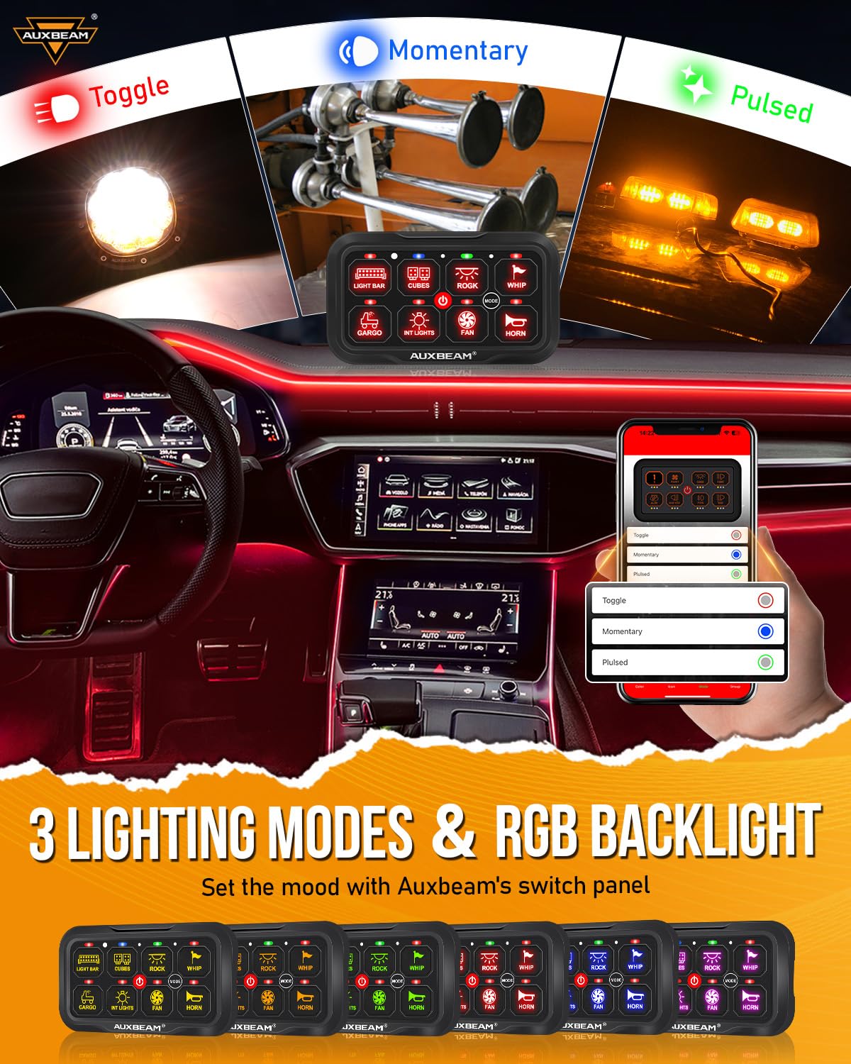 Auxbeam Switch Panel AR-800 Bluetooth 8 Gang Switch Panel RGB Switch Pod Backlit Manual Control w/Toggle Momentary Pulsed 12V-24V Panel Controller for Boat Car Truck RV UTV Waterproof 2-Year Warranty