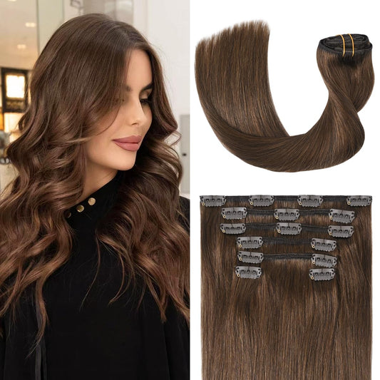 UGOTRAYS Medium Brown Real Human Hair Clip-in Extensions 115g 7pcs 22inch, Soft & Natural Straight Double Weft Remy Hair for Women 22in #4 Chocolate Brown