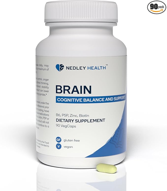 Brain - Balanced Neurotransmitter Support Supplement - Zinc, B6, Biotin for Cognitive Function - 90 Veggie Capsules (Brain)