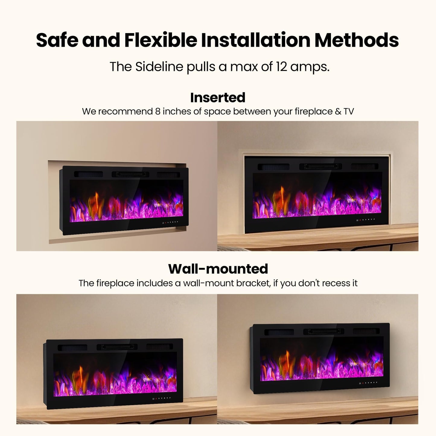 Electric Fireplace Wall Mounted 50 Inch Realsmart 750/1500W Insert Fireplaces Recessed Heaters Slim Black Fireplace Remote Control Touch Screen Timer 10 Flame Colors LED Decor Low Noise